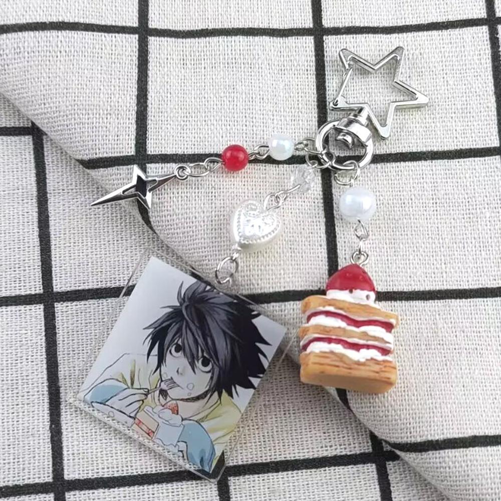 Handmade Anime Death Note L Lawliet Cake Beaded Keychain Bags Charms Aesthetic Handbag Pendant Key Ring Toys Christmas Gifts