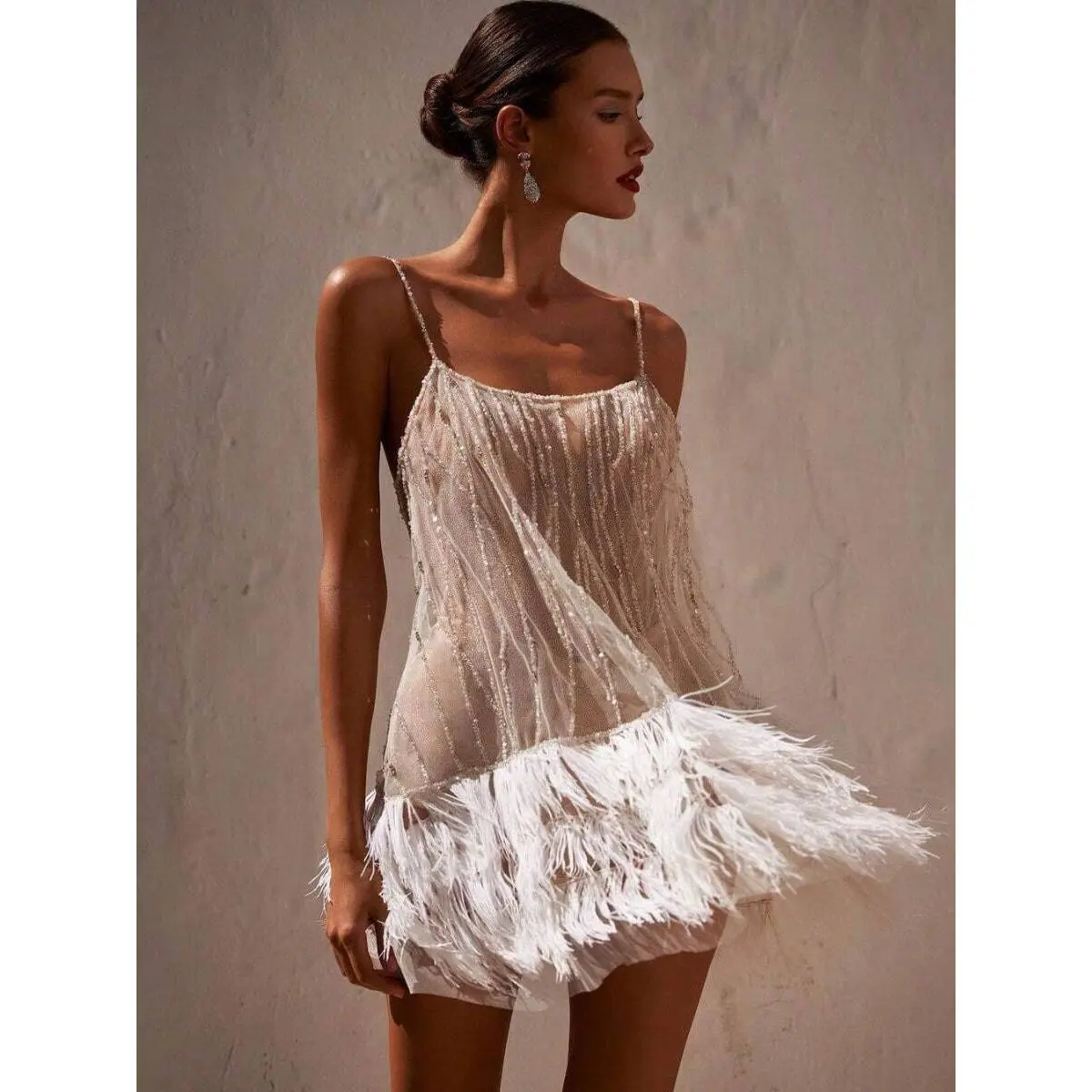 Lady's Champagne Sequin Feather Formal Mini Dress - Polyester Fabric, Cami Sheer Design, Formal Wear, for Birthday Party, Red Carpet, Sleeveless