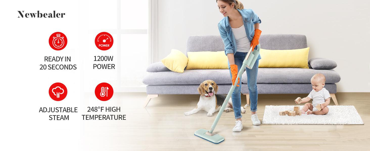 Steam Mop & Detachable Handheld Cleaner, 250ml 1200W Powerful Floor Steamer, 3 Adjustable Levels for Carpet Laminate Hardwood Grout, Carpet Glider, 7 Multi-purpose Accessories & 2 Pads