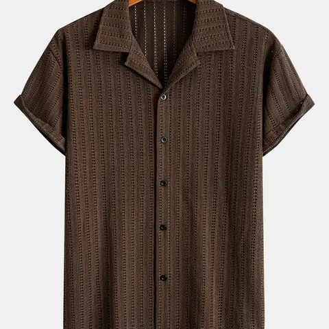 Men's Crochet Knit Camp Collar Striped Aesthetic Shirt, Casual Trendy Shirt, Short Sleeve Button Down, Perfect for Beach Vacation, Casual Daily Wear, Comfortable and Stylish