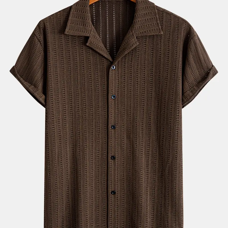 Men's Crochet Knit Camp Collar Striped Aesthetic Shirt, Casual Trendy Shirt, Short Sleeve Button Down, Perfect for Beach Vacation, Casual Daily Wear, Comfortable and Stylish