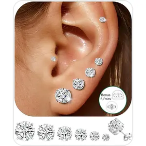 Stud Earrings for Women Men Set - 6 Pairs 20G / 316L Stainless Steel Cubic Zirconia Earrings for Tragus/Helix/Cartilage Earrings Multiple  Small Stud CZ 3-8mm