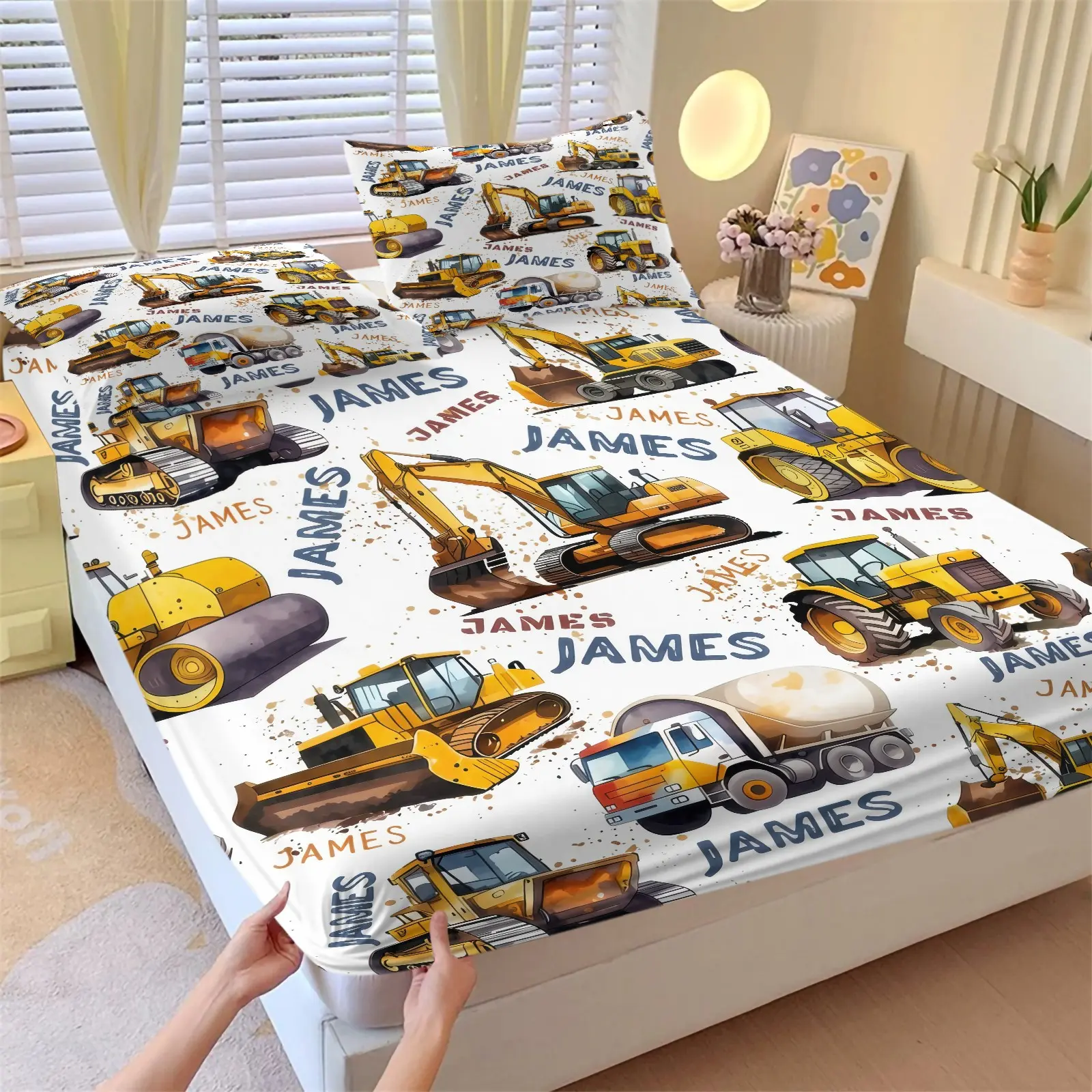 Construction Truck Fitted Sheet Set, 1 Fitted Sheet + 2 Pillowcases - 3 Piece, Soft Microfiber Deep Pocket Design All Season, Kids Builder Vehicle Bedroom Decoration, Gift for Little Boys Truck Enthusiasts