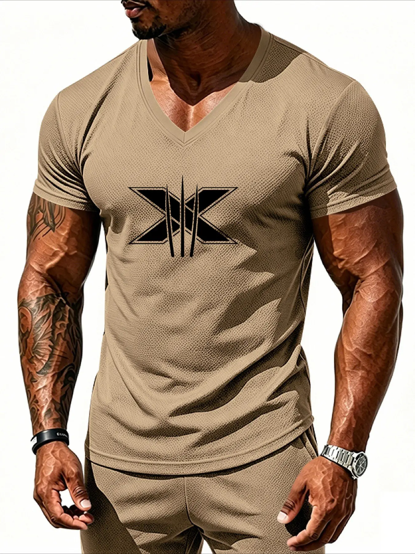 Men's Trendy Fitness V-Neck Gym Print Quick-Dry Wolverine X T-Shirt, Breathable Knit Slim Fit Sweat-Wicking Short Sleeve, Summer Training Casual Wear