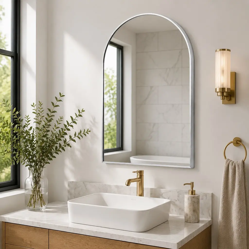 24x36 in Modern Silver Metal Framed Arched Bathroom Mirror - Wall-Mounted, MDF-Backed, HD Glass, Easy Installation for Home Decor