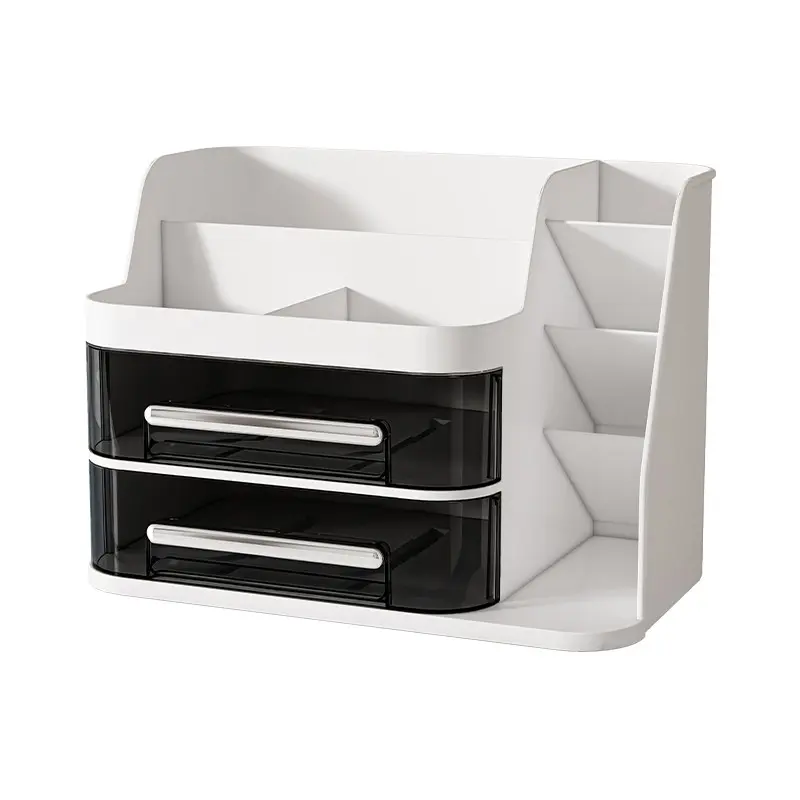 Large Desktop Makeup Organizer Box, Containers for Organizing, Cosmetic Storage with Brush Slots and 2 Drawers, Ideal for Lipstick, Nail Polish, Eyeshadow