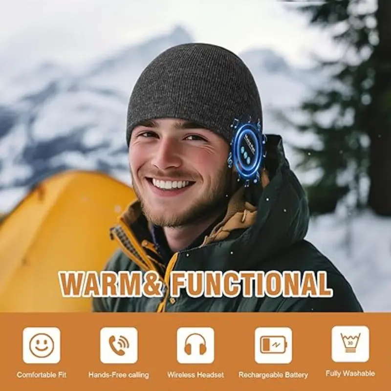 Bluetooth-compatible Knit Hat with Wireless Earbuds, Stereo Speaker Soft Cap, Gaming Bluetooth-compatible Headset Winter Beanie, Microphone Storage, Unisex Gift