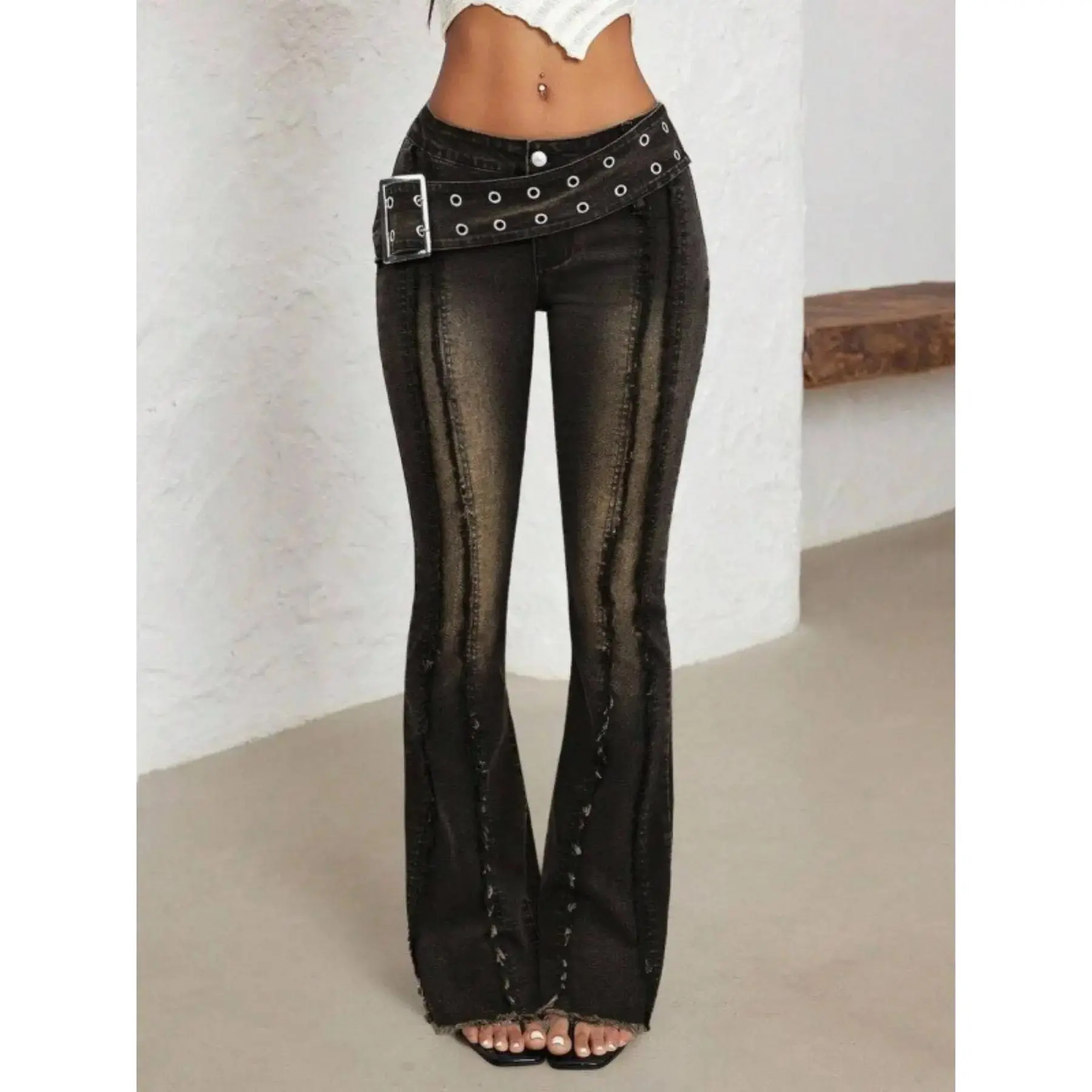 Elastic Low Waist Flare Jeans Women, Sunflower Button, Frayed Hem, Butt Lifting, Wide Leg, Streetwear, Fashionable All-Seasons Wear, Fit Pants