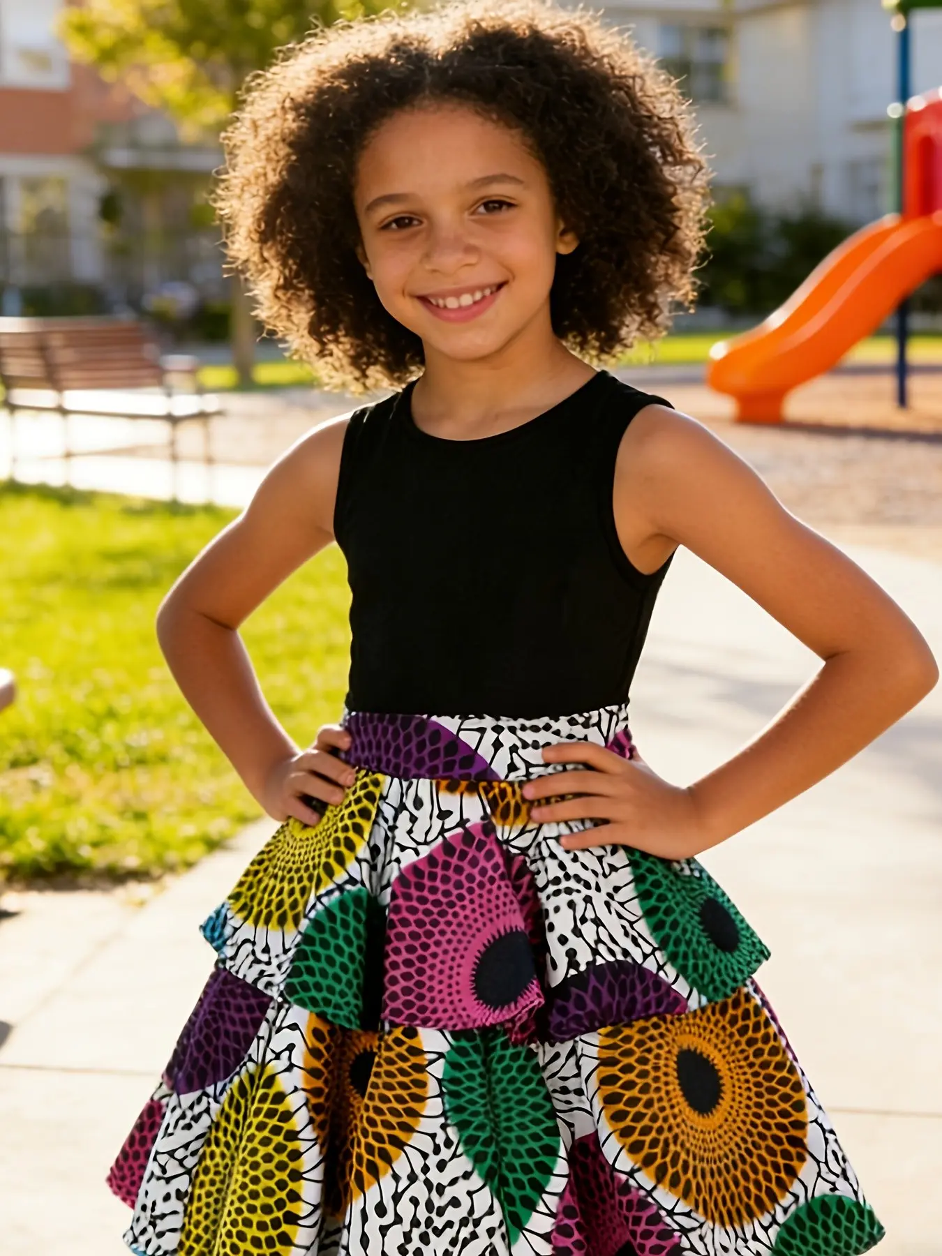 African Wax Print Ethnic Sleeveless Child Dress, Colorblock Polka Dot Print, Fluffy Skirt, Summer Casual, Festival Fashion, Toddler Summer Dresses