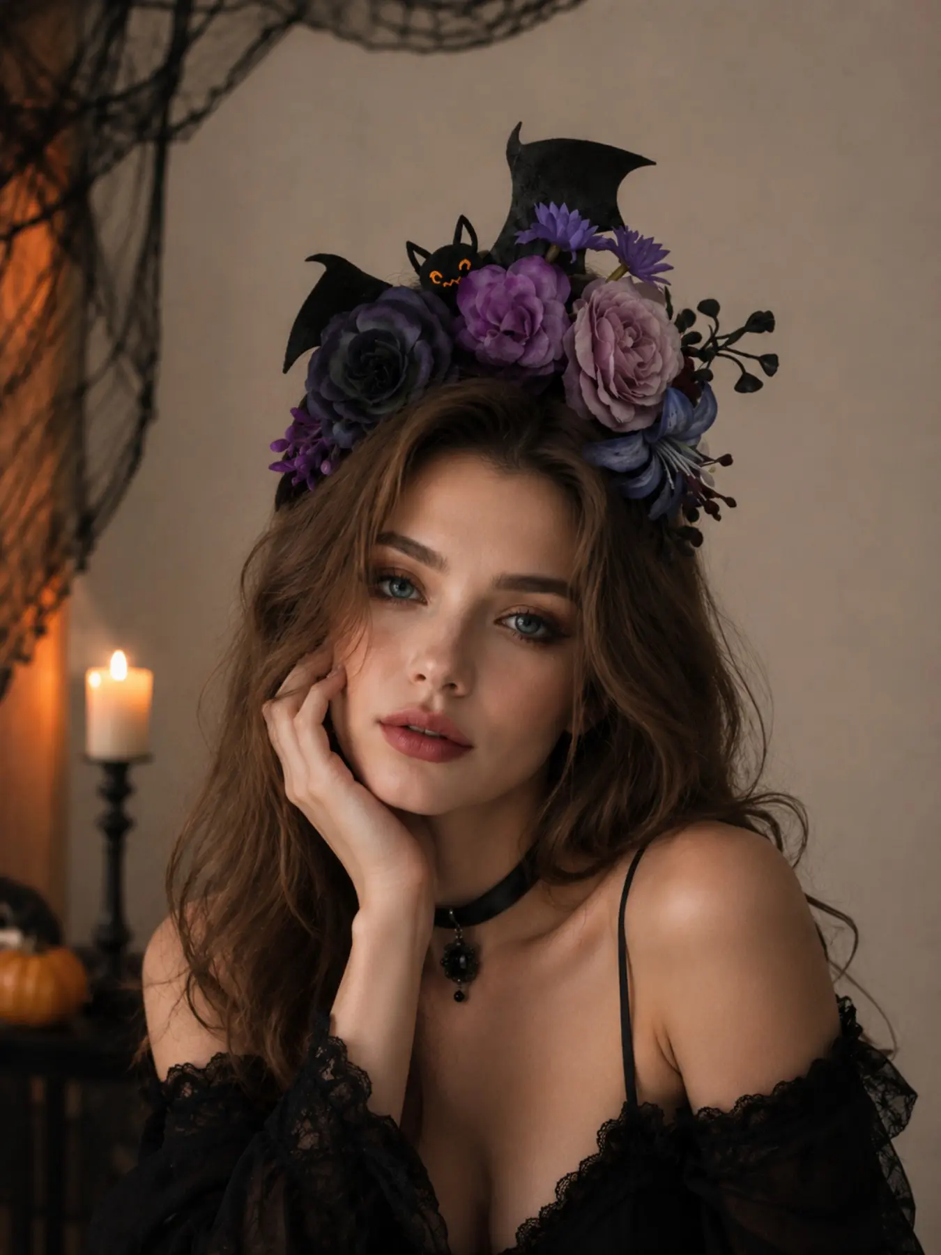 1pc Halloween Handmade Artificial Flower Bat Headband for Women, Spooky Rose Floral Hair Hoop, Gothic Costume Party Hair Accessory, 3 Color Options