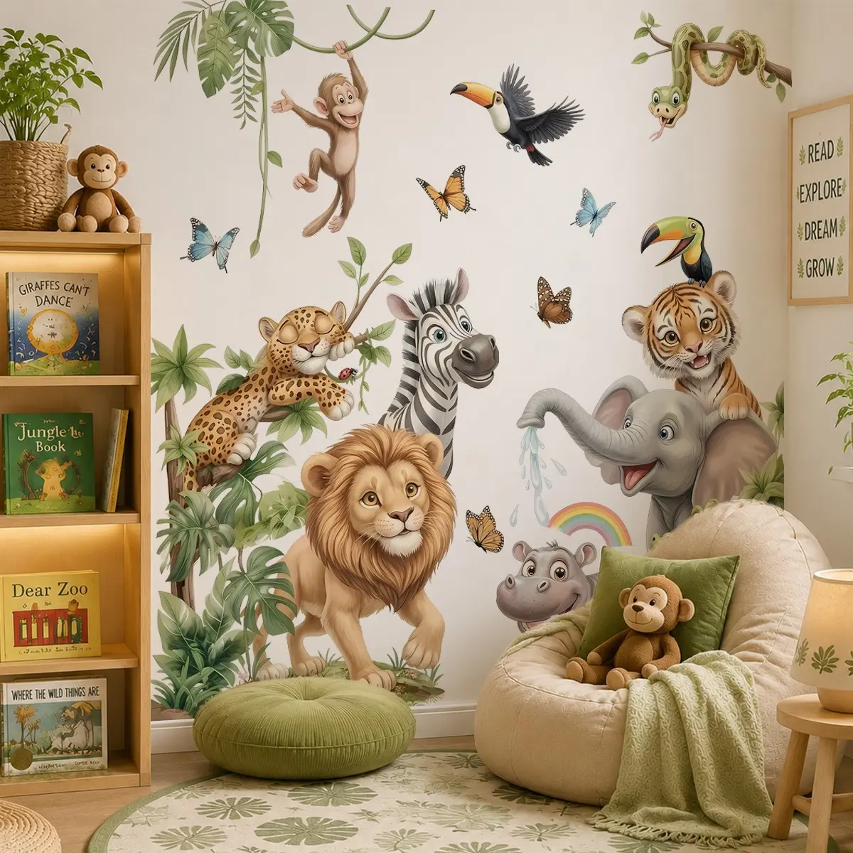 Cartoon Animal & Dinosaur Wall Decals, Jungle Safari, Prehistoric Volcano, Adventure, Peel and Stick Stickers, Cute Wall Decor for Kids Room Decor