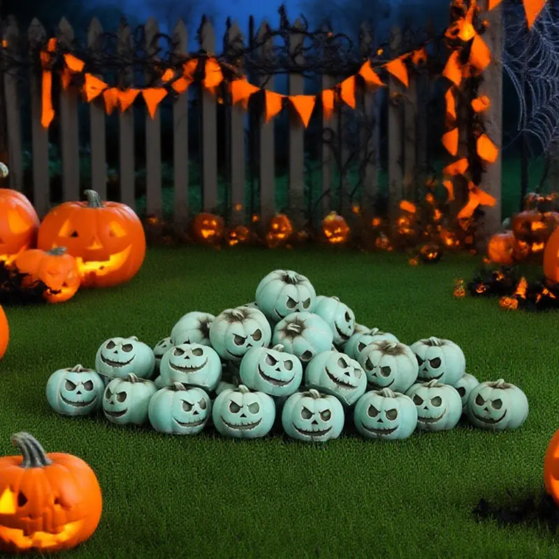Halloween Resin Green Mini Pumpkin Set, Spooky Ghost Face Decor for Outdoor Yard Patio Pot Filler