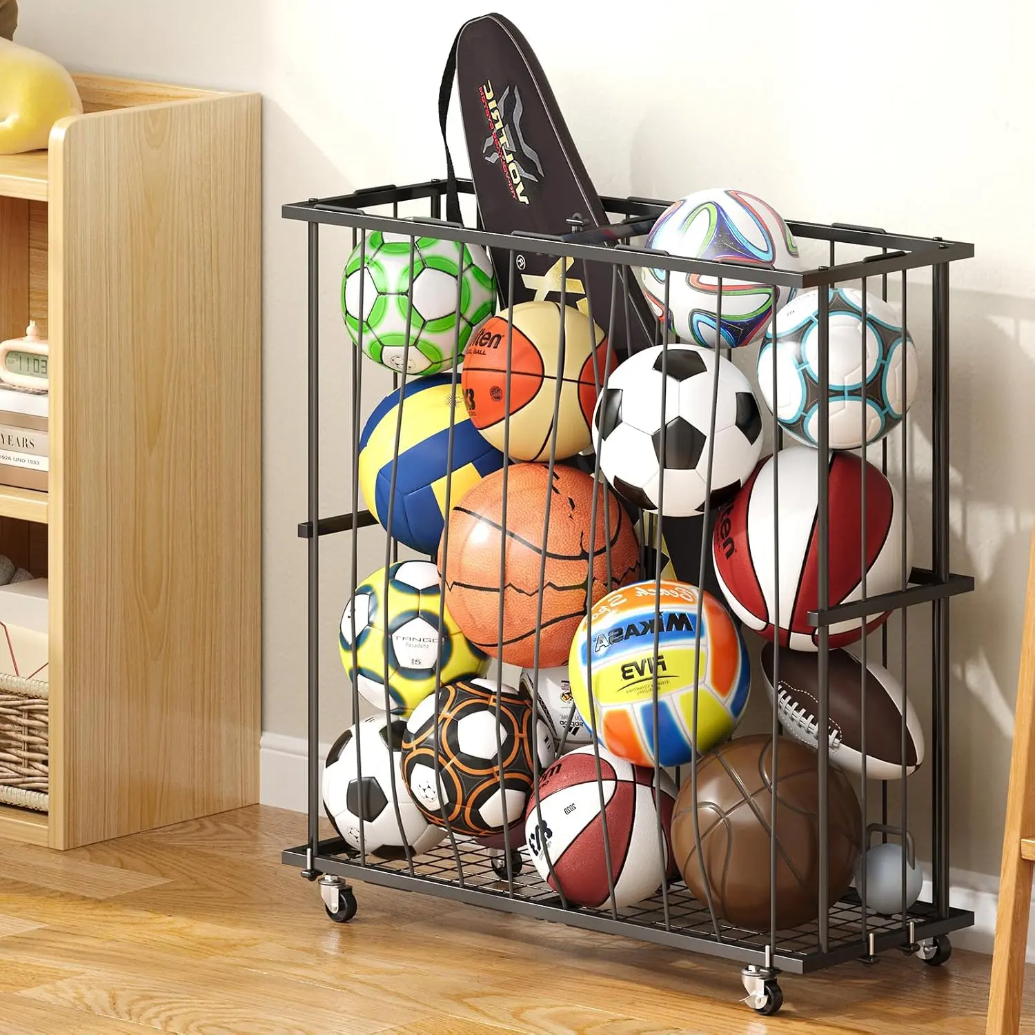 Large Garage Ball Storage, Rolling Floor Sports Equipment Organizer - Freestanding Ball Rack with Elastic Rope, Ball Holder for Basketball, Soccer, Football, Volleyball, Garage, Gym, Black