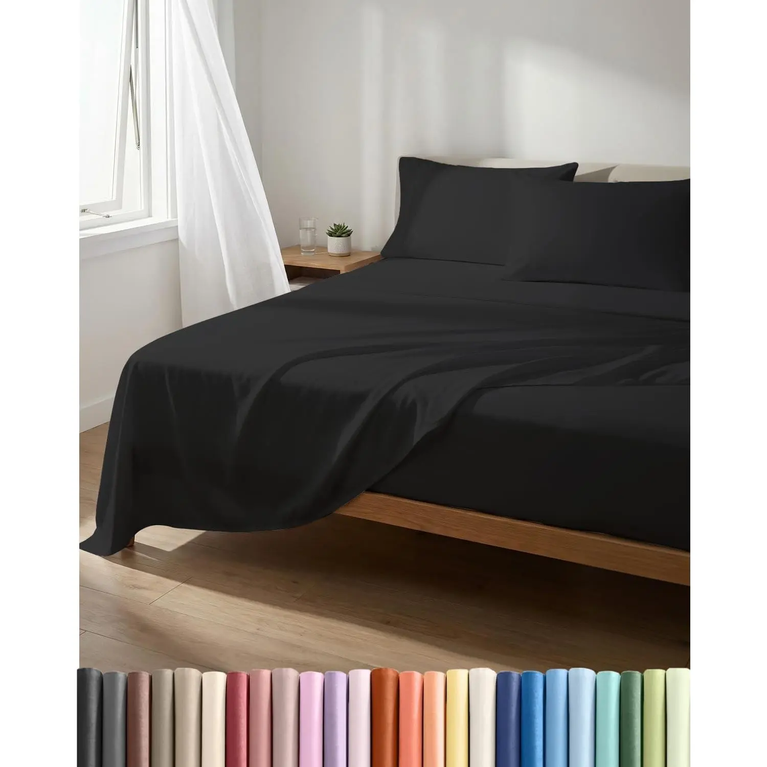 Lightweight 4 Piece Bed Sheet Set - Full Size Cooling Sheets - Black