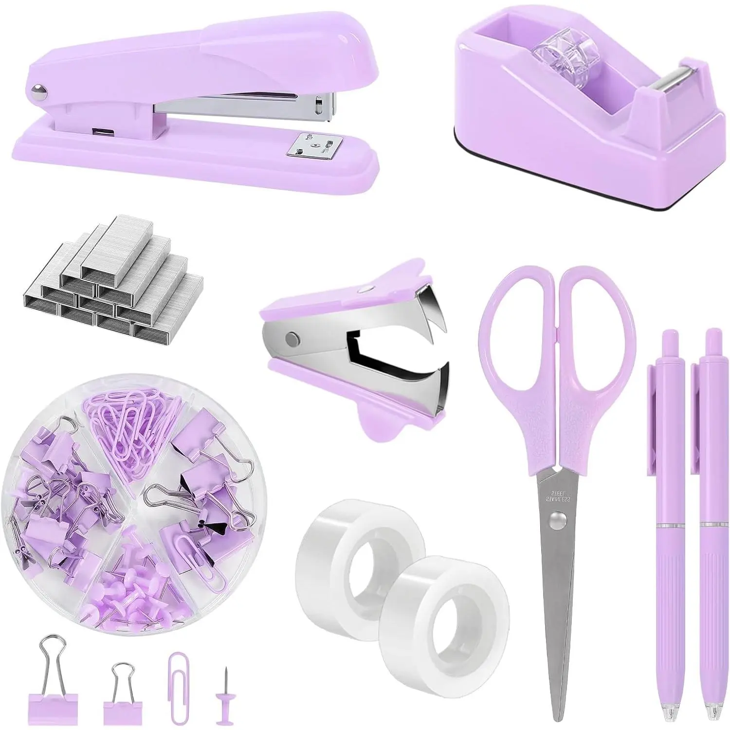 10PCS Compact Space-Saver Multifunctional Stationery Set - Plastic/Metal Storage, Stapler, Tape Dispenser, Binder Clips, Paper Clips, 1000-Count Refills, Desk Tools, Practical Design, for Home Office, Classroom Supplies, Office Work Accessories