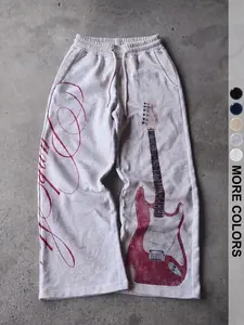 Men's Long Pants with Guitar Print, Street Style, Casual, Ankle Length, Slim-Fitting, Drawstring Waist, Spring & Fall Fashion