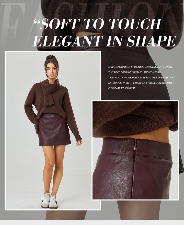 Women's Versatile Solid Color High Waist Invisible Zipper PU Mini Skirt, Classy Street Womenswear, Elegant Women's Bottom, Chic A-Line Skirt