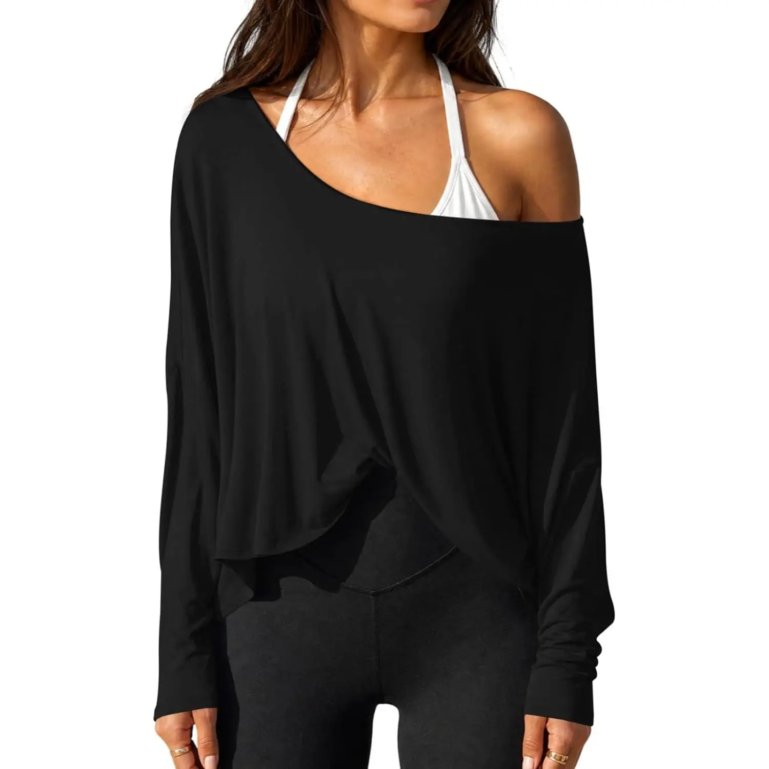 Womens Off the Shoulder Tops Oversized Long Sleeve Workout T Shirts Crop Tops, Casual Basic Tee, Loose Fit Batwing, Asymmetrical Neck, Daily Athletic Going Out Sexy Fashion Blouse, Fall Spring