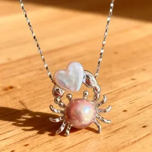 2026 New Arrival: Adorable Crab & Heart Pearl Pendant Necklace — Hypoallergenic Sterling Silver Jewelry, an Exquisite Gift for Beach Lovers