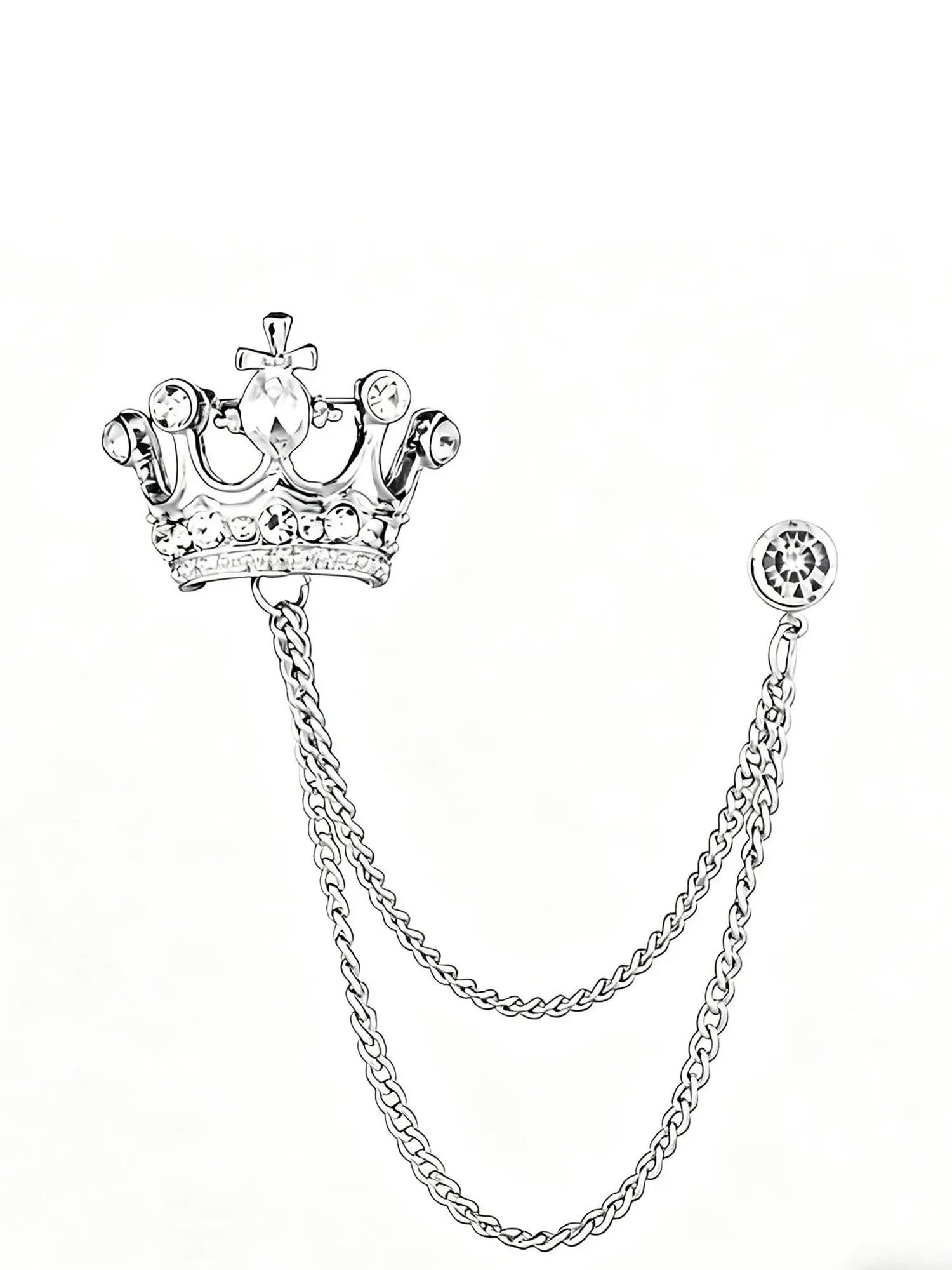 Silver Color Crown Brooch with Tassel Chain, Sparkling Rhinestone Lapel Pin, Vintage Royal Jewelry, Formal Party Accessory, Unisex Gift