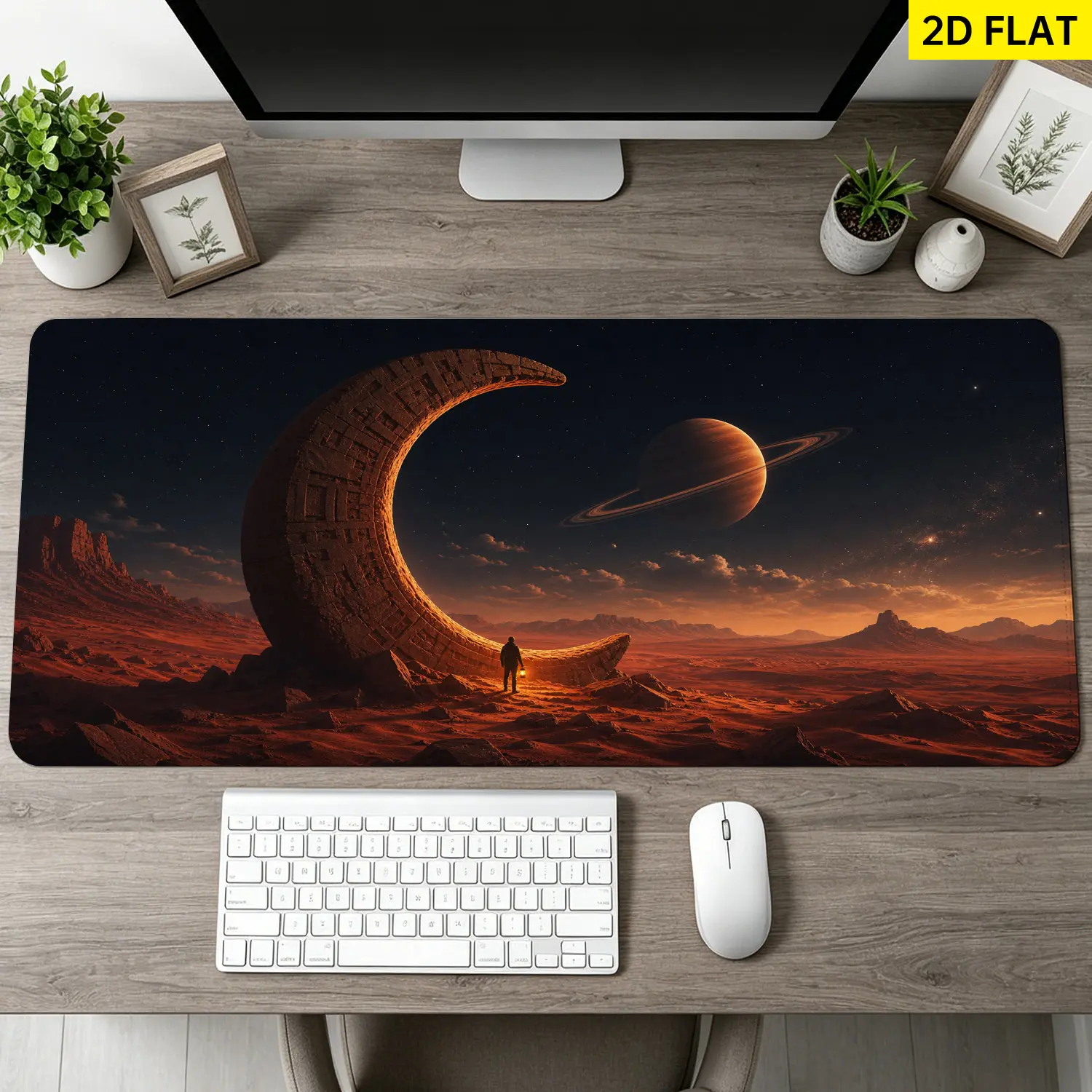 Extra Large Crescent Moon Saturn Planet Landscape Mouse Pad,Non Slip Rubber Pad,Desktop Decoration Drotection Pad,Washable,Lock Edge Multi Size,Premium Multipurpose Mousepad For Office,Study Room,Gift for Family and Friends