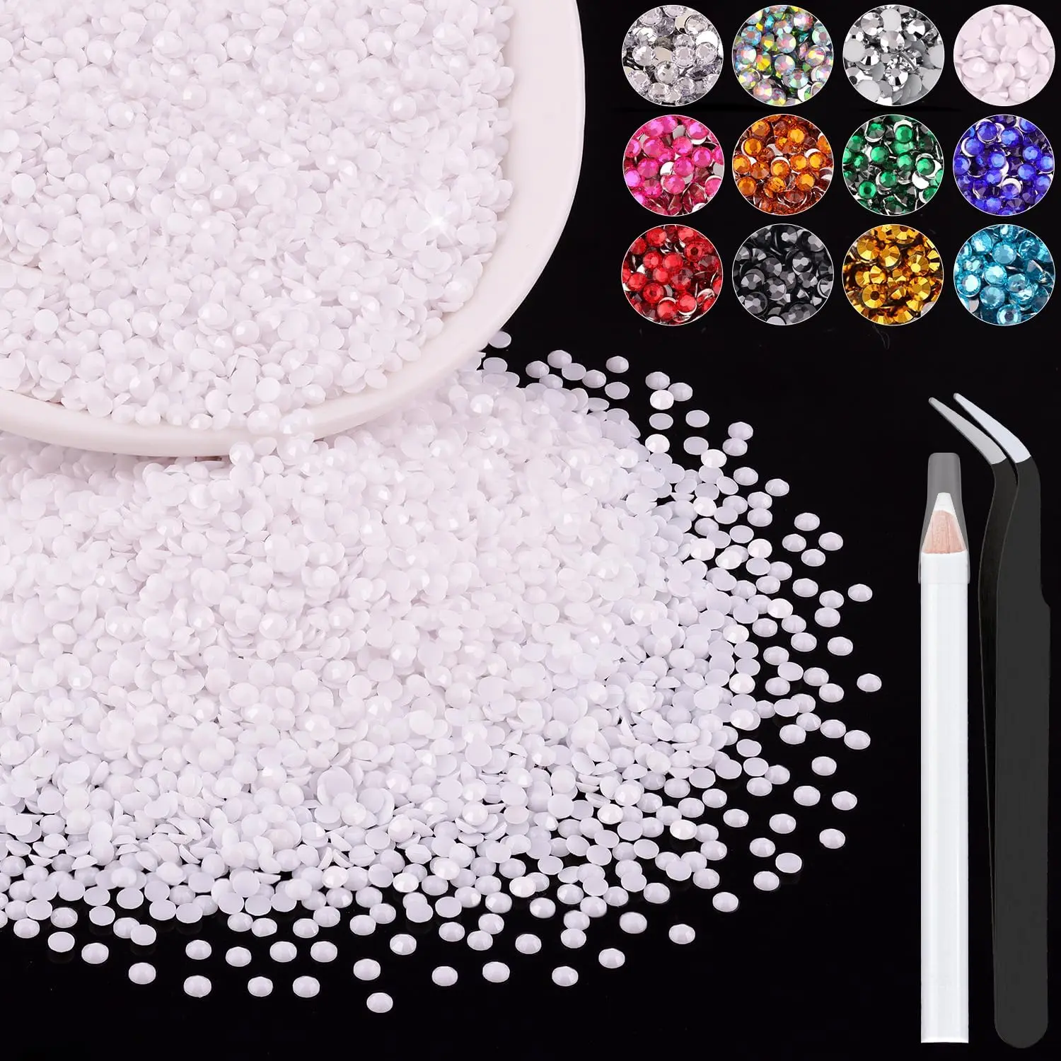 5000PCS 3mm White Resin Material Rhinestone Multi-Pack Bedazzling Kit - Flatback Shimmer Nail Art Decor with Pickup Pen, Tweezers, Easy Application, Adhesive-Required for DIY Nails, Clothes, Statement Projects