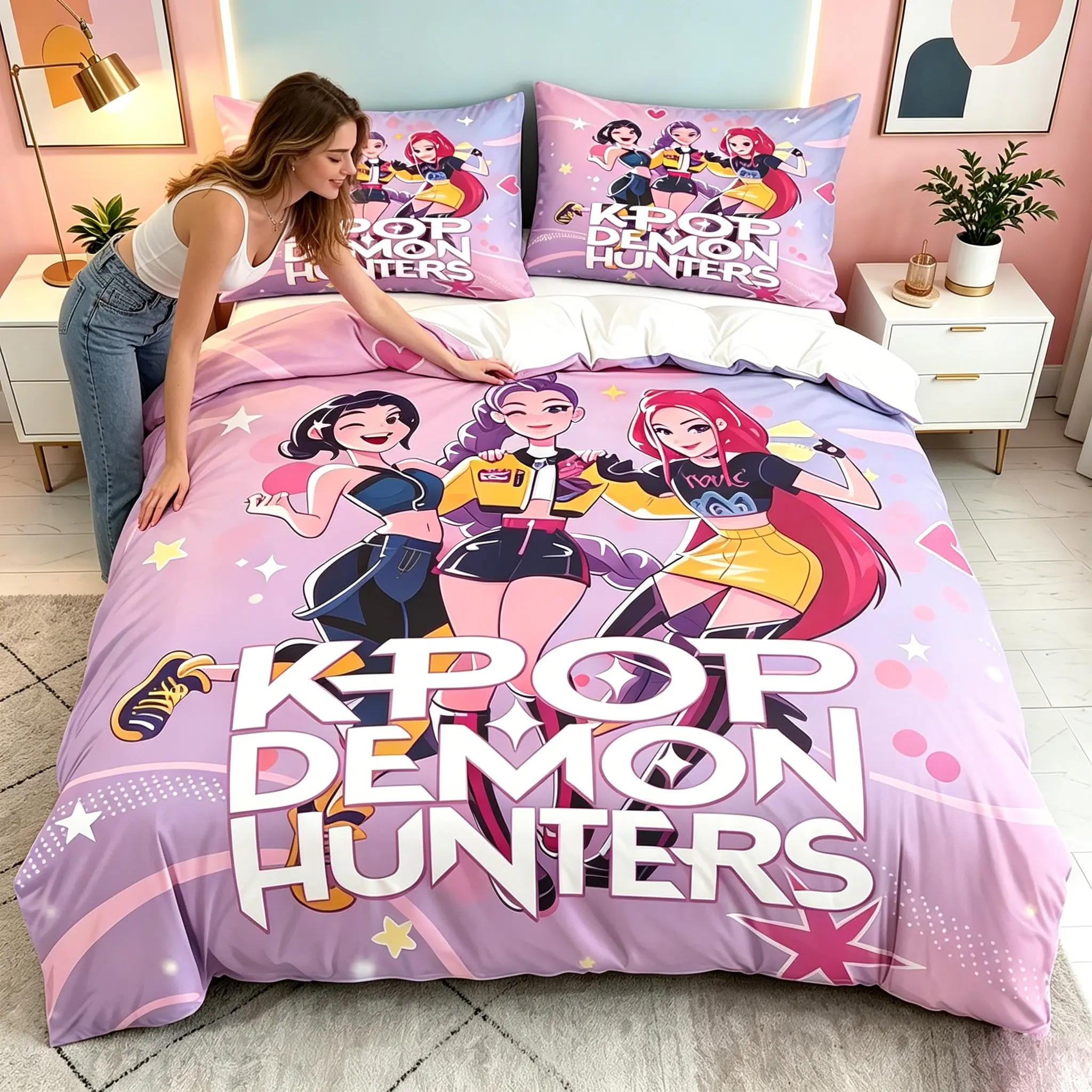 3-Piece Star Girl Pattern Quilt Cover Set, Beddings, Includes 1 Quilt Cover and 2 Pillowcases, Soft Fabric, Ideal for Bedroom, Hotel, Dormitory