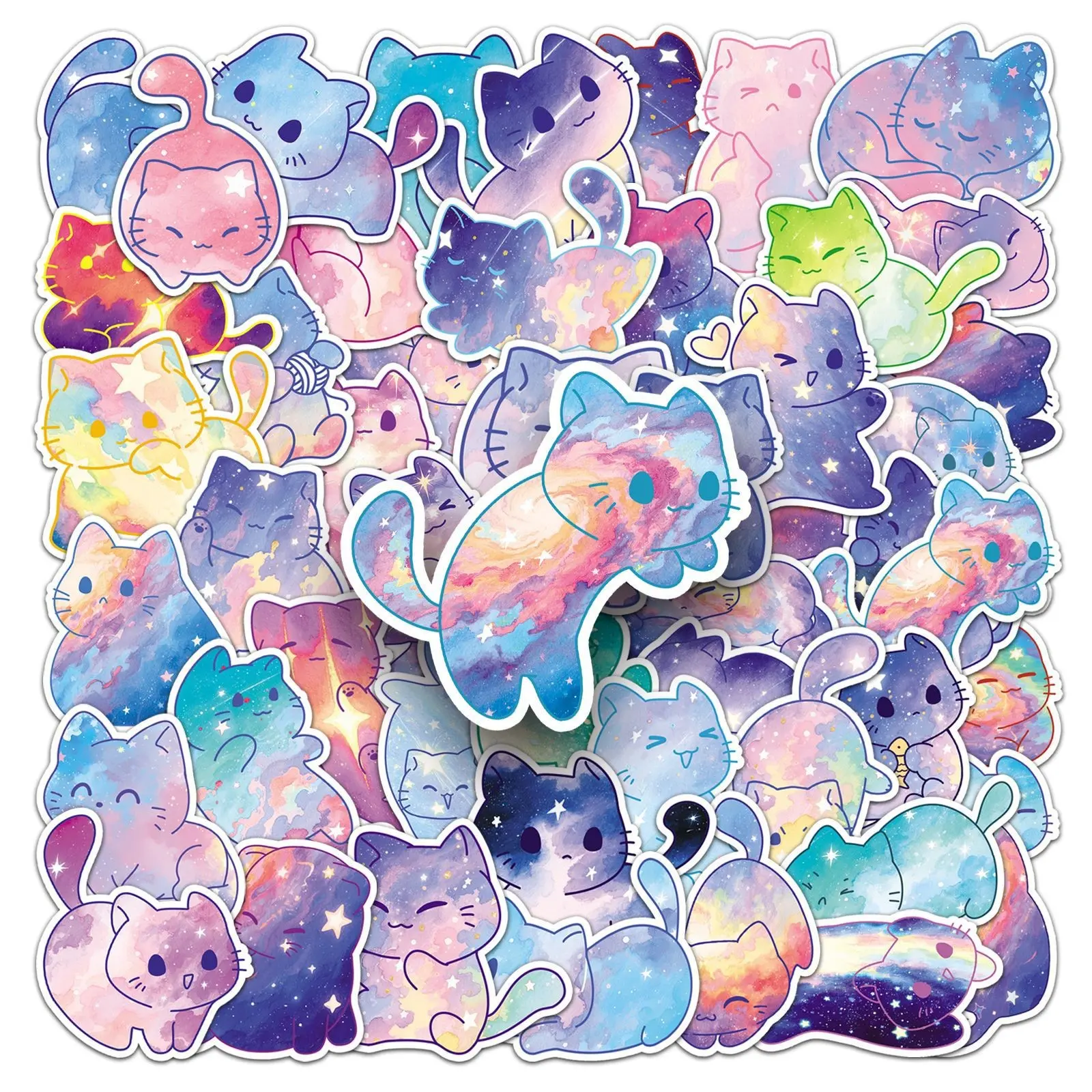 50 Sheets Starry Rainbow Cute Cat Stickers, Waterproof Cartoon Kitty Decals for Water Bottles, Phones, Laptops, Diaries, Party Gifts
