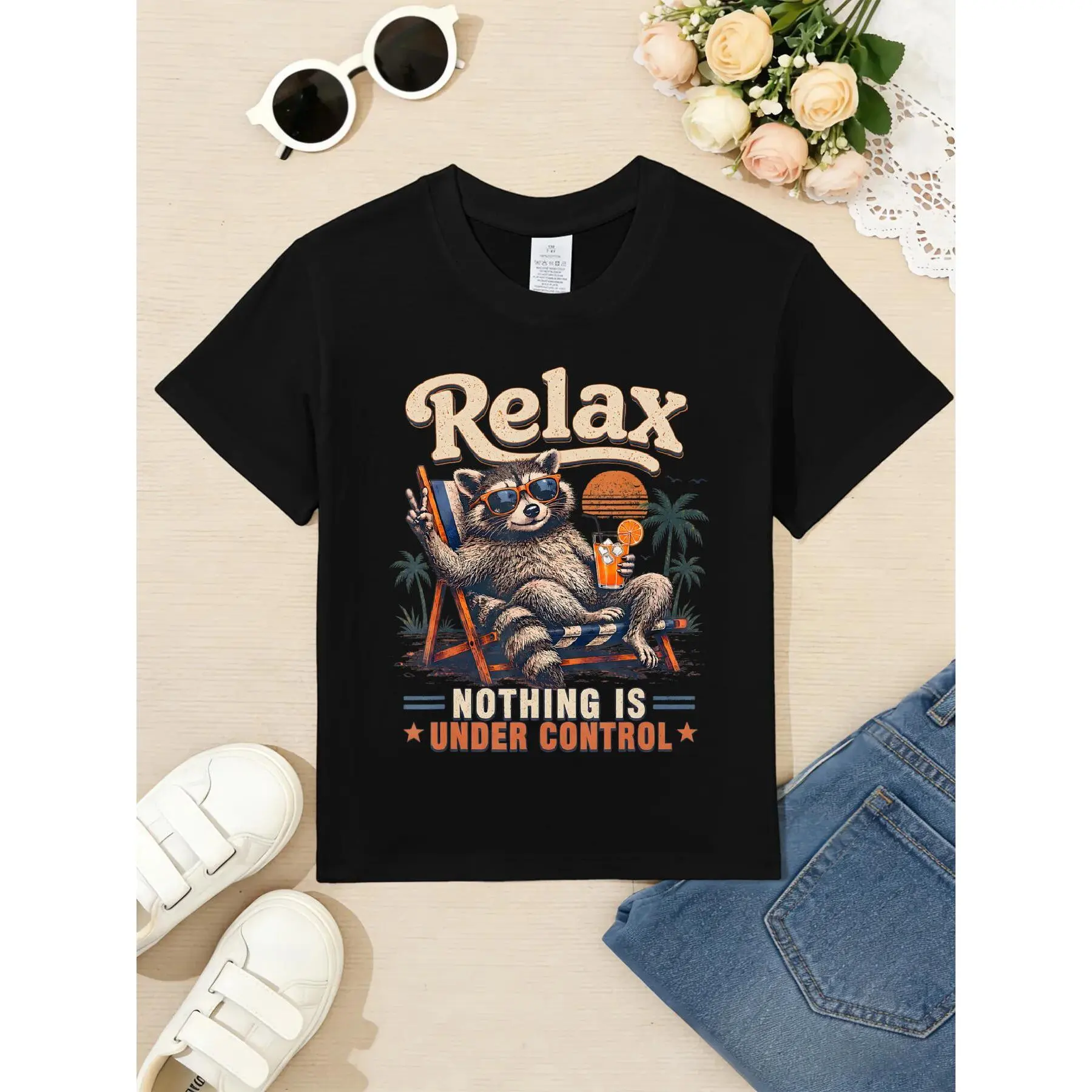 Kids' Graphic T-Shirt Top with "Relax" Raccoon Print, Breathable 100% Soft Cotton Crew Neck Tee for Boys and Girls, Short Sleeve Tops, Casual Wear, Graphic Print, Fitted Cut