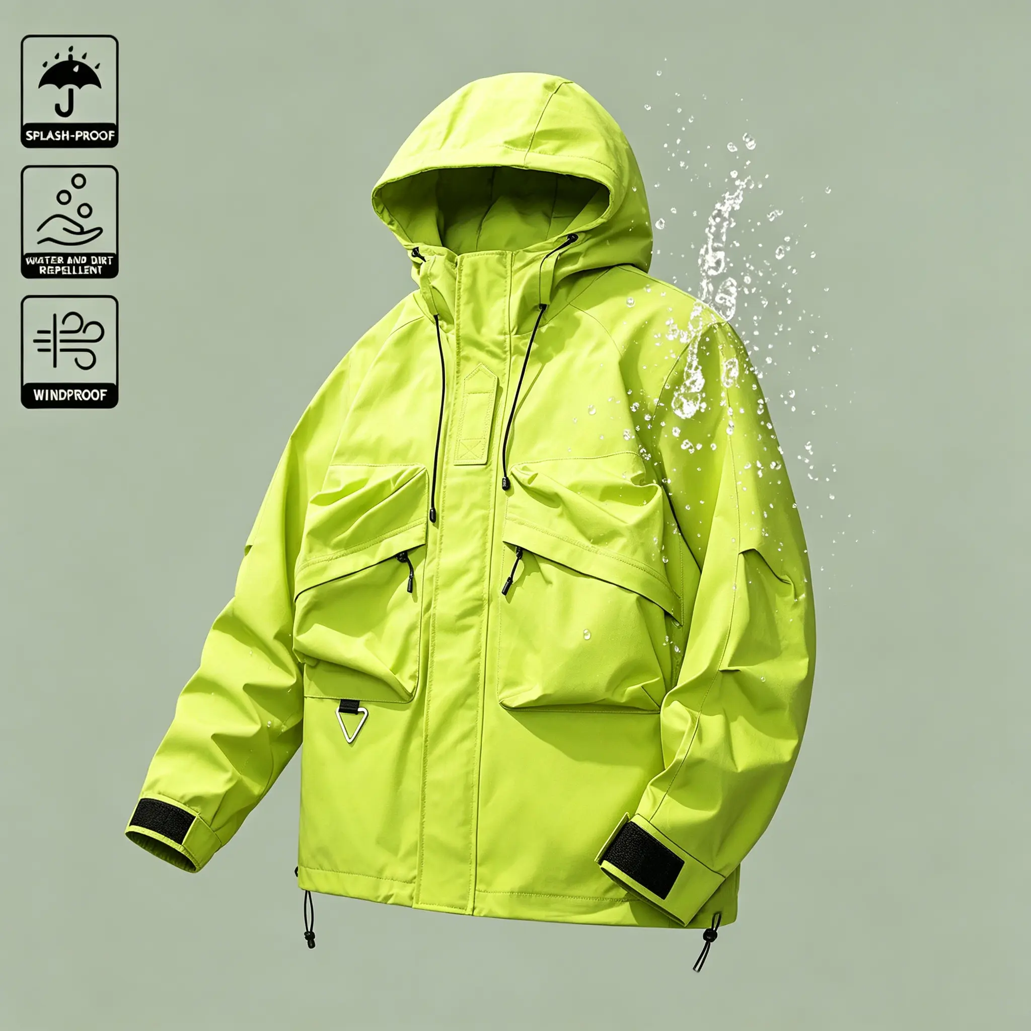 Windproof waterproof hooded hiking coat equipped with multiple cargo pockets and adjustable drawstring hood, durable stain repellent material roomy tailored cut foundational functional piece for modern outdoor mensfashion looks