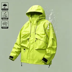 Windproof waterproof hooded hiking coat equipped with multiple cargo pockets and adjustable drawstring hood, durable stain repellent material roomy tailored cut foundational functional piece for modern outdoor mensfashion looks