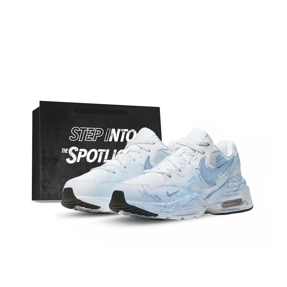 Nike Air Max Fusion Hand-Painted Sneakers for Men: Blue-White Gradient, Space-Themed, Elevating, Low-Top Running Shoes Verifiable, with credentials and supporting global authentication