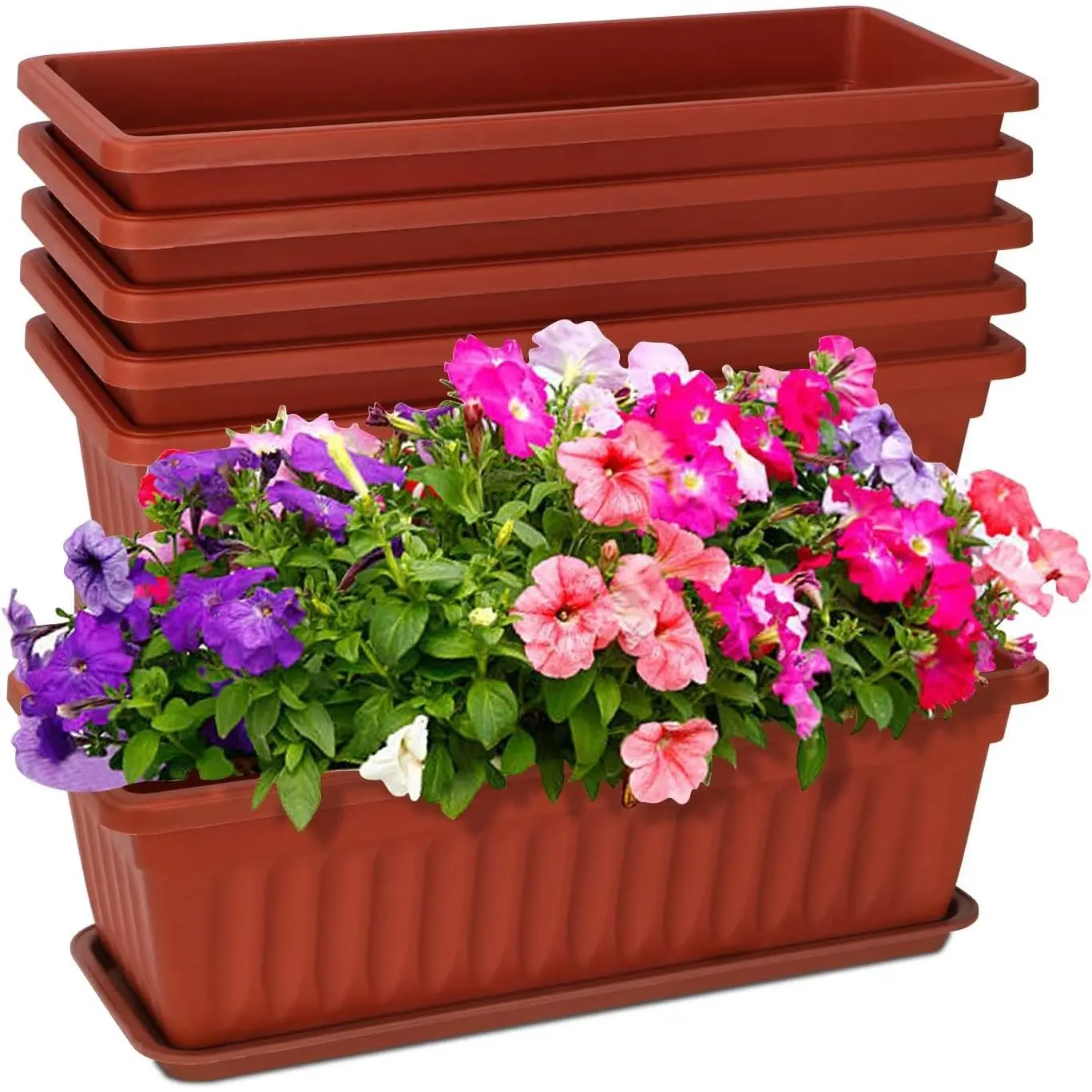 Brick Red 6-Piece 17" Plastic Rectangle Window Box Planter Set with Trays, Drainage Holes, Spray Bottle, Garden Tools, Labels for Windowsills, Patio, Six Pieces