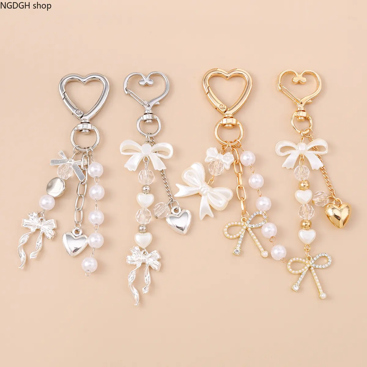 Coquette Bow Heart Keychain, Imitation Pearl Beaded Tassel Bag Charm, Hollow Heart‑Shaped Clasp Key Ring, Dainty Metal Pendant Accessory for Purse Backpack Daily Use & Gift‑Giving