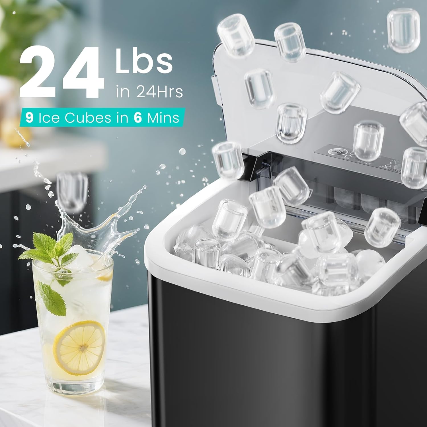 Ice Maker Machine with Handle,26lbs in 24Hrs,9 Ice Cubes in 6 Mins,Auto-Cleaning Portable Ice Maker with Basket and Scoop, Countertop Ice Maker for Home/Kitchen/Camping/RV for Gifts, Sleek Black
