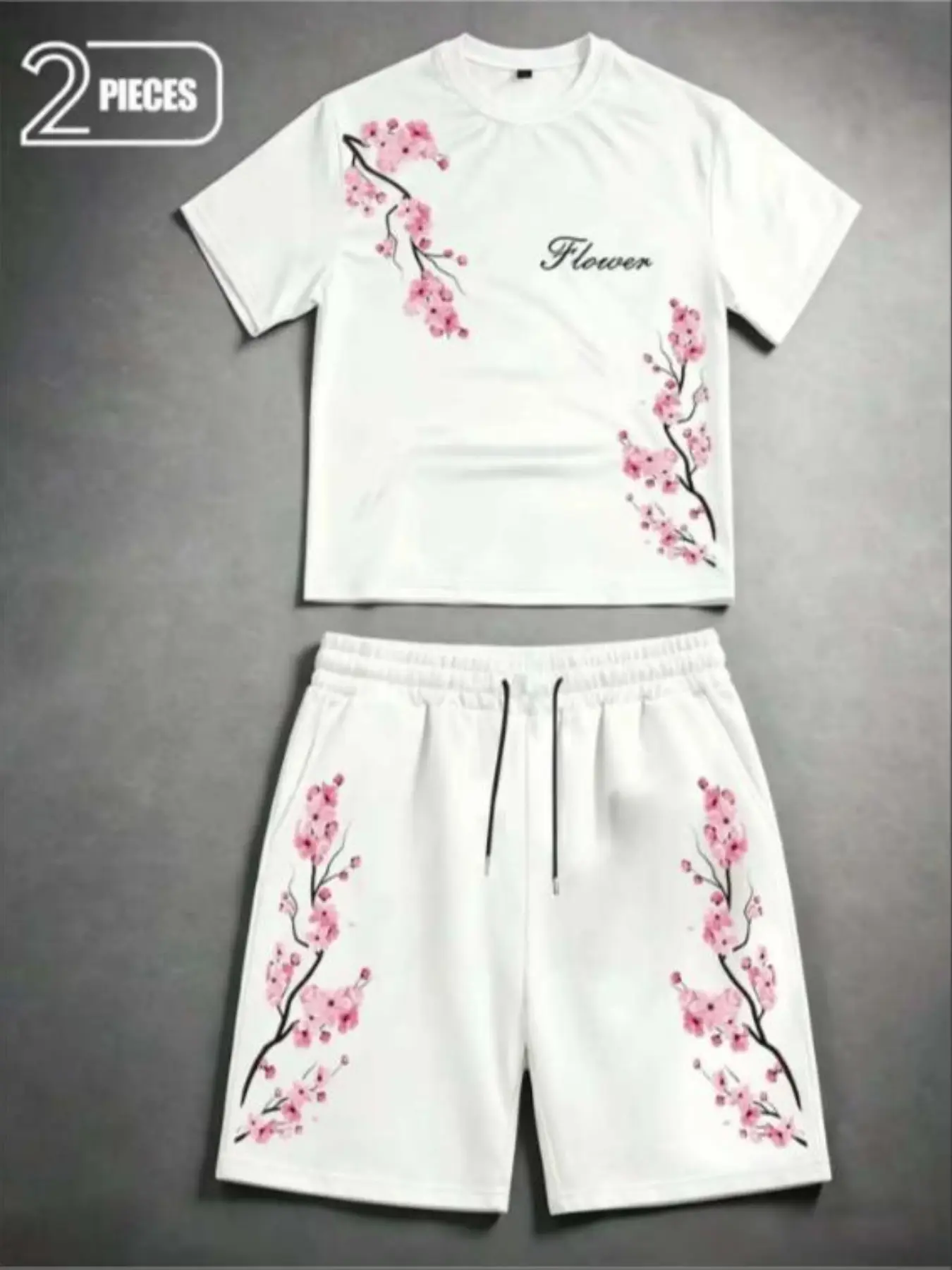 Men's Cherry Blossom Print Two-Piece Set, Summer Loose Short Sleeve T-Shirt and Casual Five-Quarter Shorts, Trendy