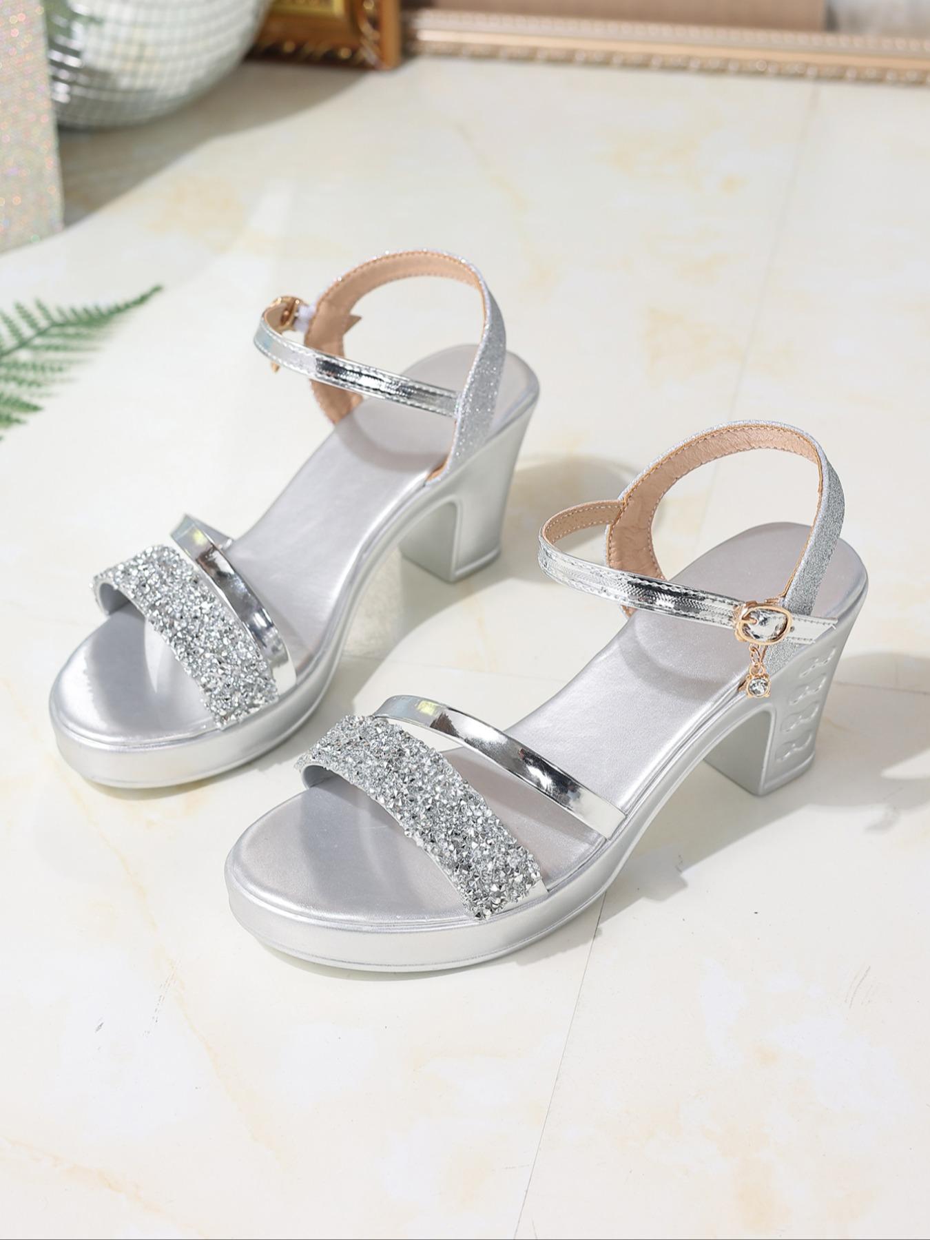 Women's Fashionable Glitter Decorated High Heel Sandals, Elegant Square Toe Sandals for Party, Daily Clothing Decor for Women & Girls