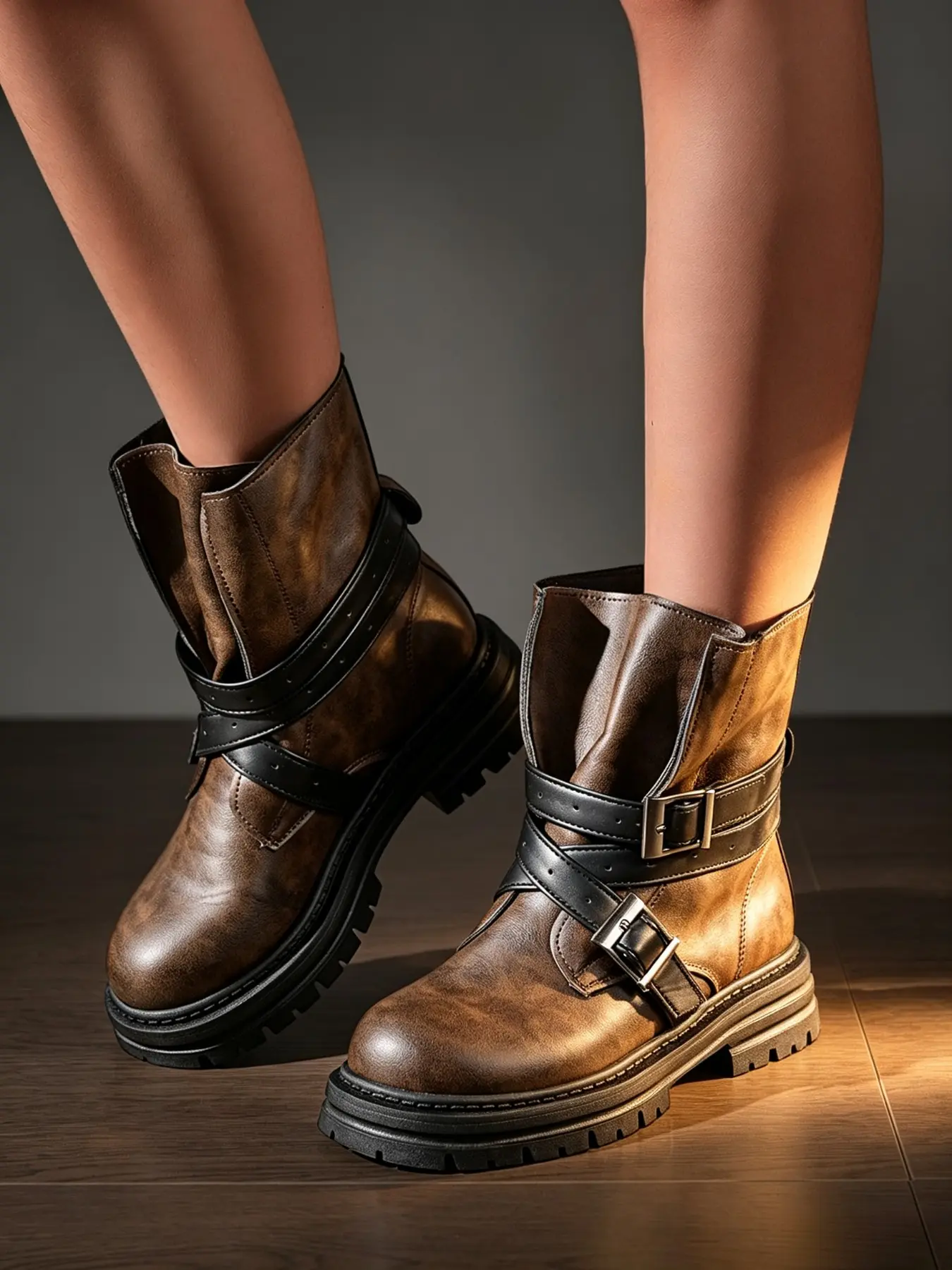 Vintage Cross Buckle Booties, Thick Sole Mid-Calf Boots, Western Style Streetwear, Versatile Workwear Short Boots, Unique Retro Design