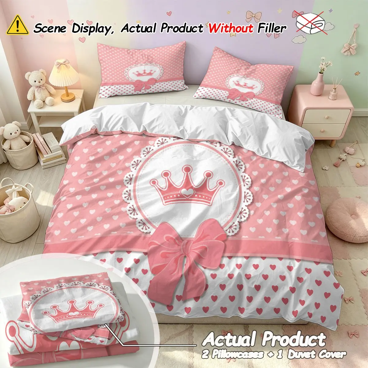 Princess-style bow print 3-Piece Bedding Set for Girls Dorm, (1 Duvet Cover + 2 pillowcases, no filler),Soft Polyester, Machine Washable & No Deformation