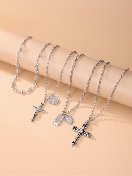 4-Piece Vintage Metal Geometric Circle Pendant Layered Necklace Set, Women's Punk Style Jesus Cross Pendant Jewelry, Unique Fashion Accessories