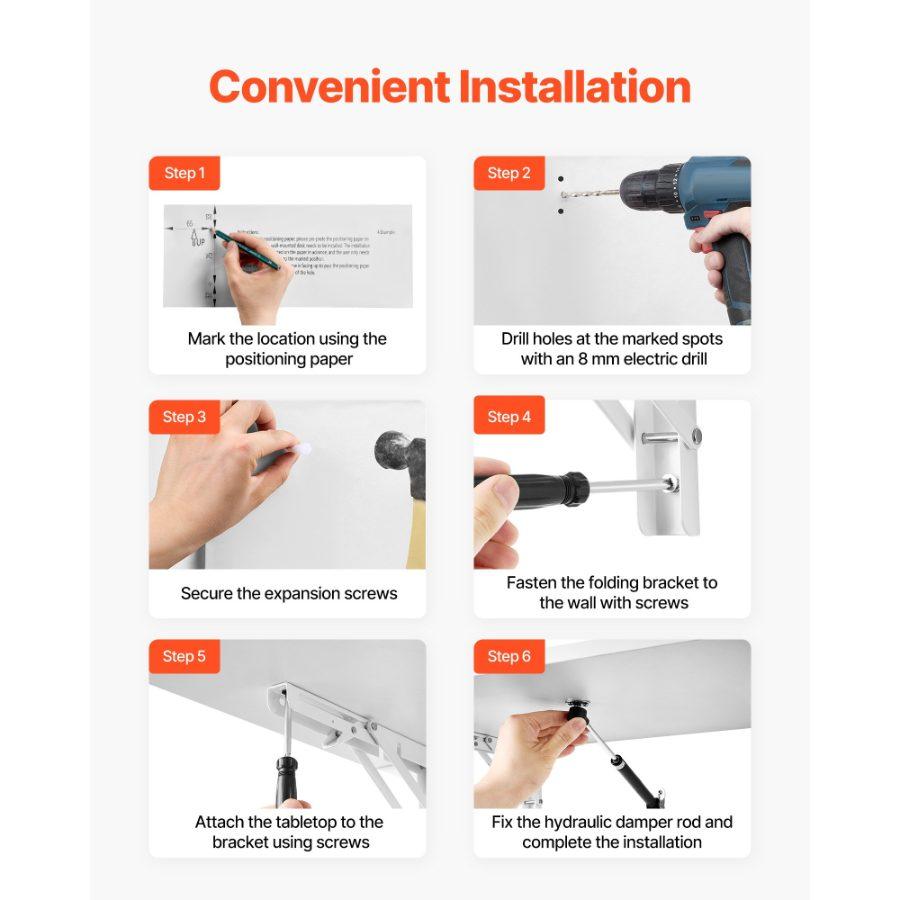 VEVOR Wall Mounted Folding Table, 35.4x 19.7 inches Wall Mount Table, Floating Desk with Iron Bracket, Fold Down Desk for Small Spaces, Home Office, Dining, Laundry Room, Kitchen, Bar, White