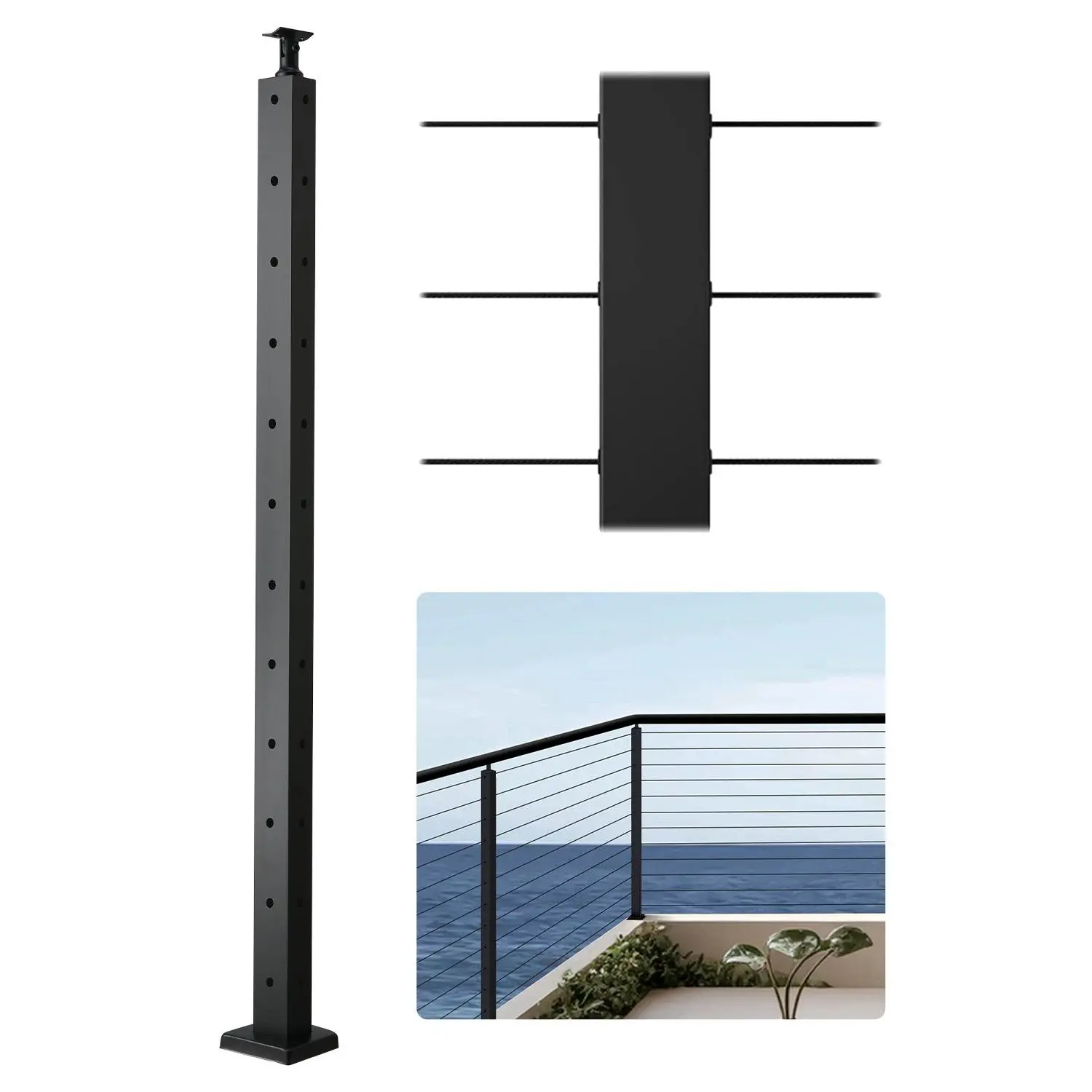 【DealsForYouDays】VEVOR Cable Railing Post, 42x1x2 Inch Corner Railing Post, with L-Shaped Pre-Drilled Holes, Stainless Steel Cable Rail Post with Horizontal and Curved Bracket, 1-Pack, Black, 1JZLGZXHS10607YXO001V0