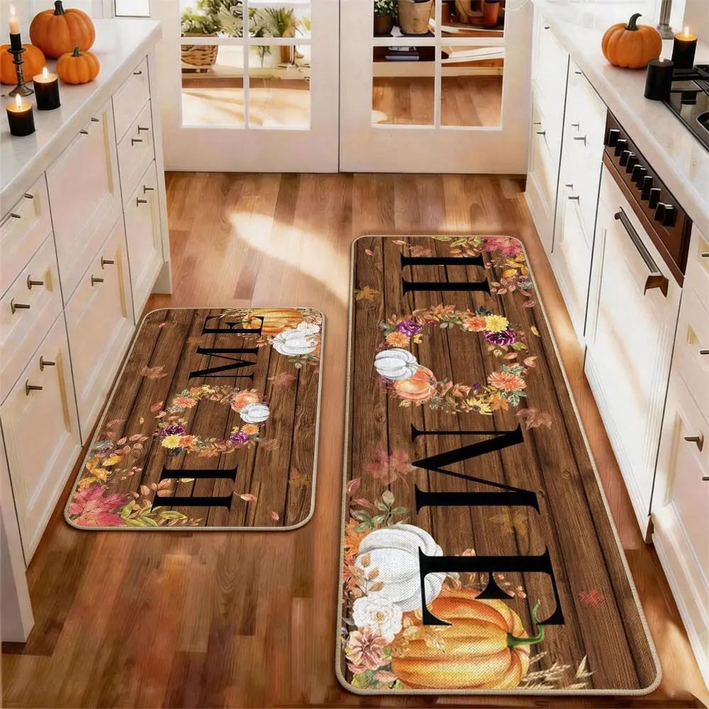 2pcs Thanksgiving Fall  Bathroom Kitchen Mat Gug Set with Pumpkin Maple leaves Pattern, Non-Slip Soft Low Profile,Floor Mat Set Farmhouse Bathroom Kitchen Rug Sets Dining Room Flooring Laundry Room Decor Carpet Mat, Decorative Rug Mat, Anti Slip Rugs