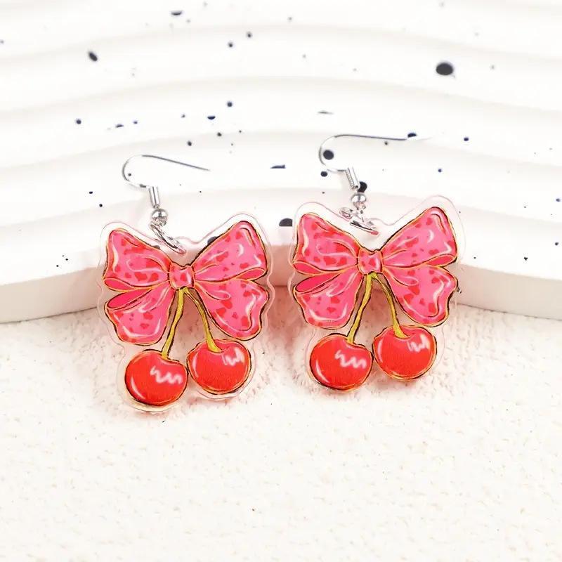 New Cute Pink Bow Cherry 2D Flat Acrylic Versatile Sweet Earrings