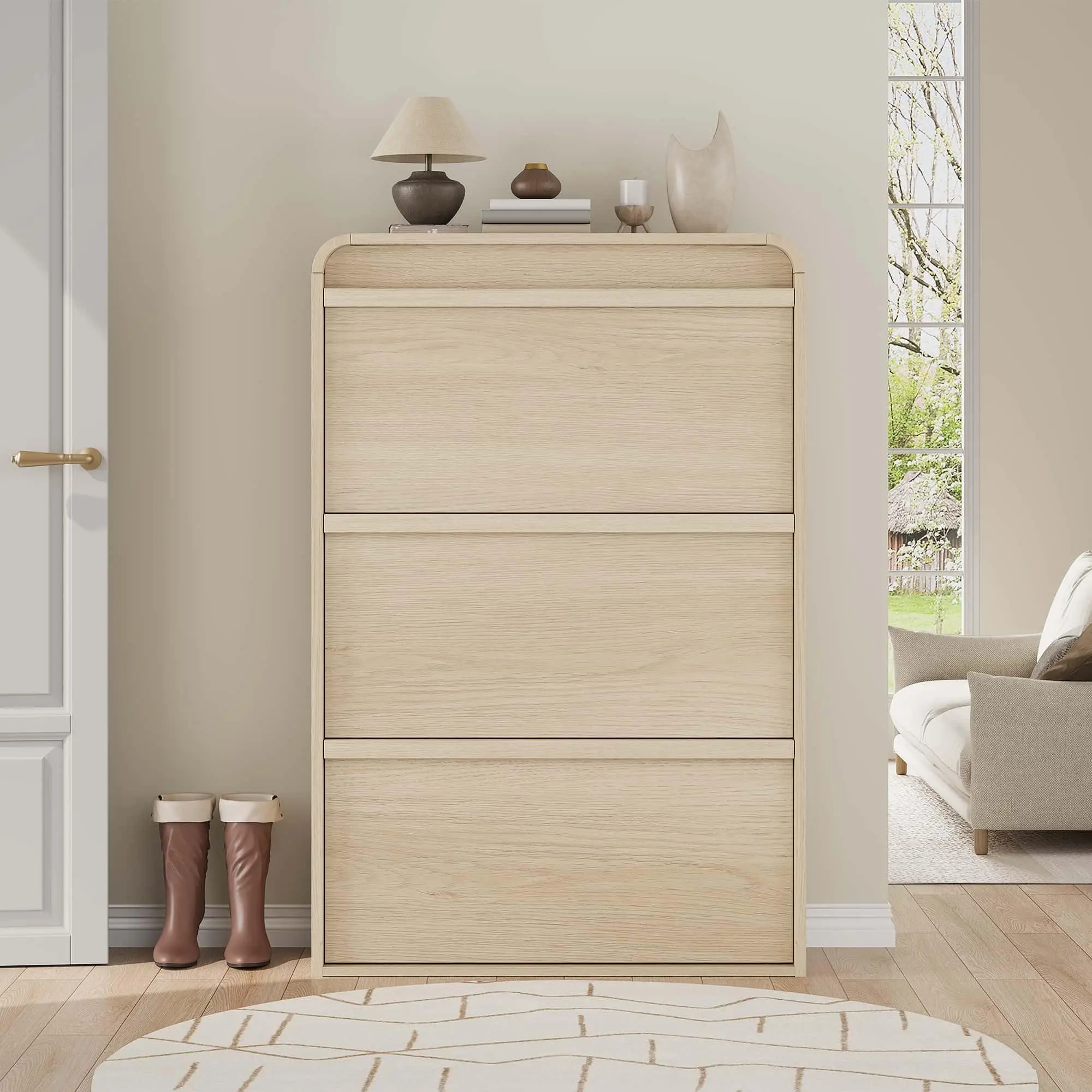 Garvee Modern Natural Oak Entryway Shoe Cabinet, 3 Flip Drawers with Adjustable Inner Shelf & Hidden Storage, Freestanding Shoe Organizer, Overall Length 31.5 Inches