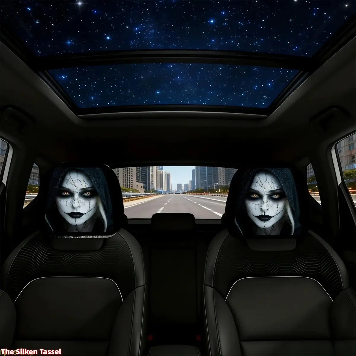 2pcs Universal-Fit Headrest Covers, Cracked Mask Print Seat Protectors, Cool Car Accessories for Long-Distance Travel & Interior Decor, Car Stuff, Headrest Protectors, Cracked Mask Figure, Adds A Touch Of Fun, Great Companion For Long-Distance Travel, C s