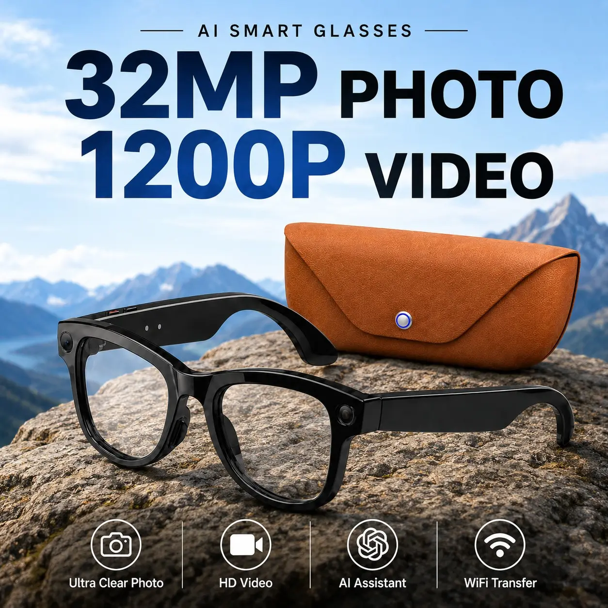 Outdoor Recording Eyewear 2026 rugged smart audio sunglasses with steady outdoor footage capture, real-time AI translation for overseas adventure travel, three replaceable lenses, durable leather charging power case, excellent sweat resistance, limited bo
