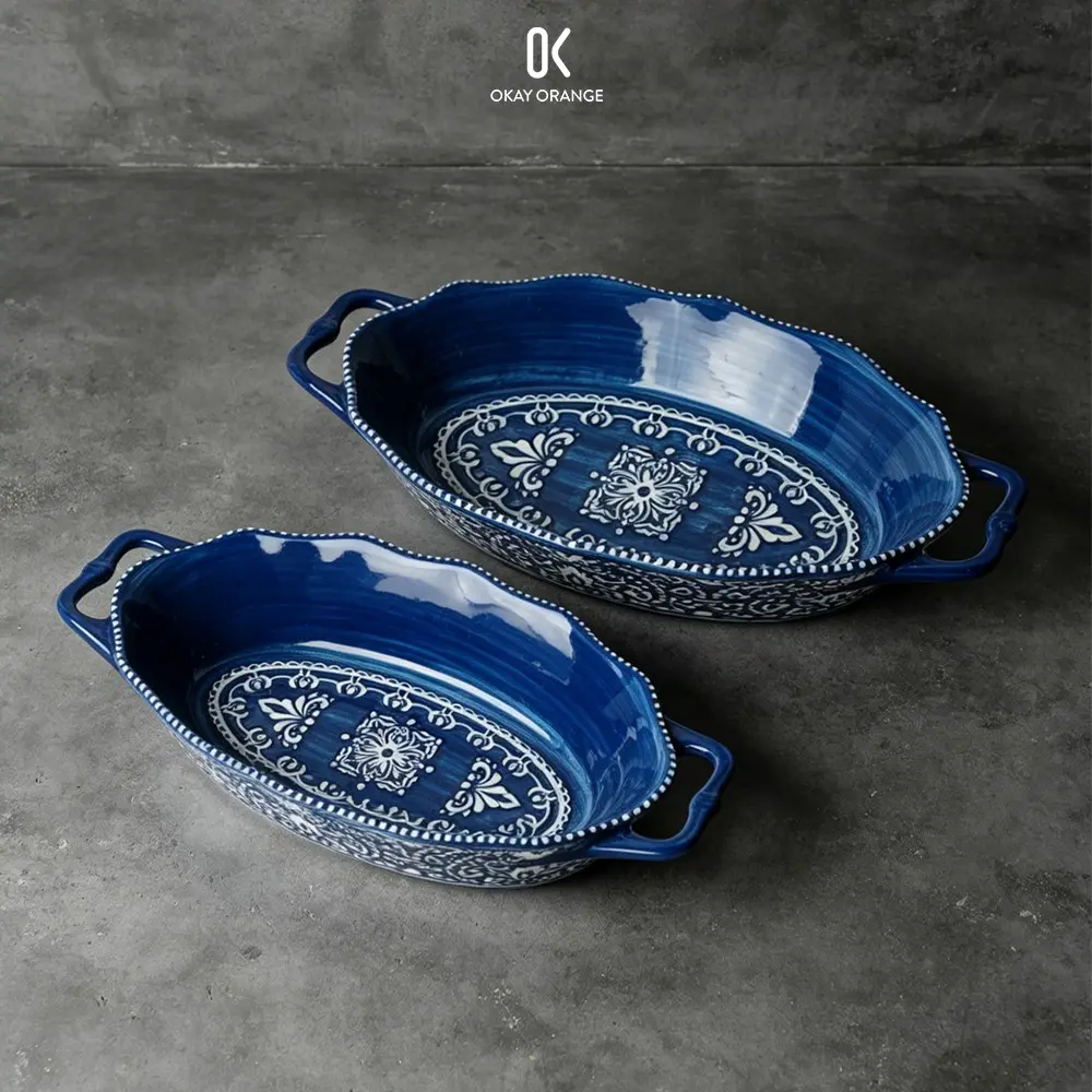 Vintage Blue and White Ceramic Baking Dish with Handles, 12.5'' & 14.5'' Oval Casserole Dish Deep Serving Platter, Microwave Dishwasher Safe High Quality Bakeware