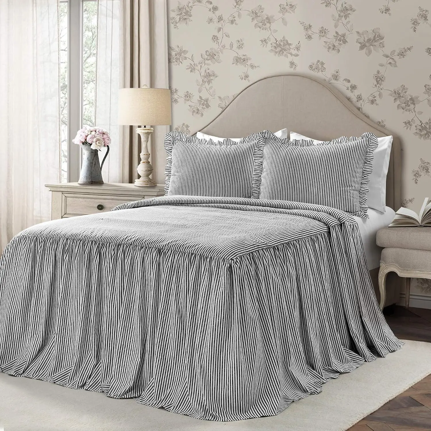Ticking Stripe Bedspread Full Size 3 Piece Set Black - Ruffle Bedding Set Full Bedspreads - Kids Bedding - Farmhouse & Coquette Decor
