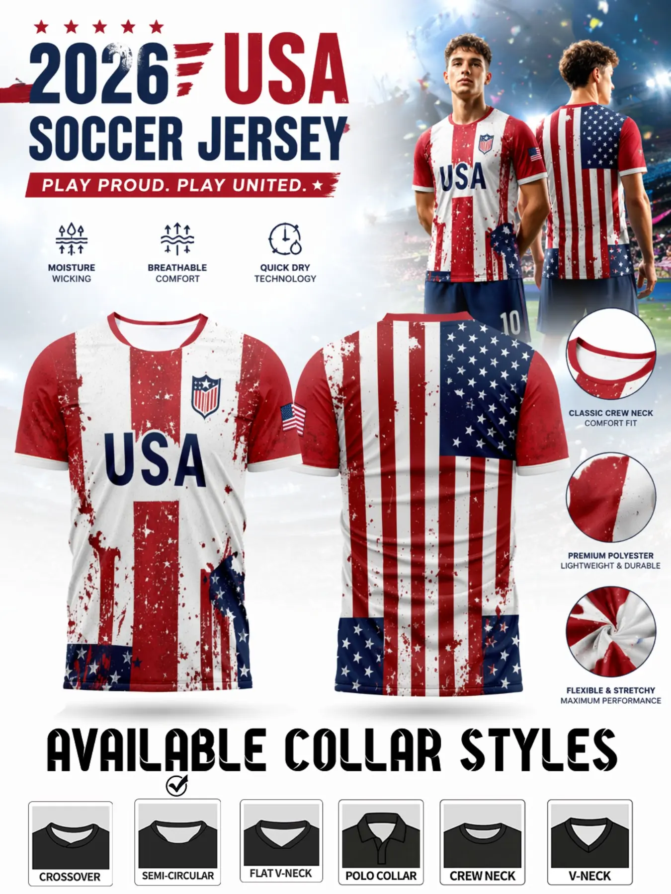2026 Us Soccer Jersey, Short Sleeve High-Performance Football Top, Quick-Dry Polyester, Retro Star Print, Ideal for Training and Casual Wear